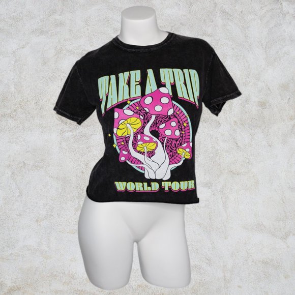 Fifth Sun Take A Trip World Tour 1990 Black T-Shirt Neon Mushroom Design /Cities - Picture 1 of 11